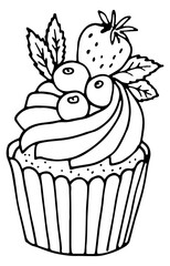 Berry muffin icon. Black line dessert sketch