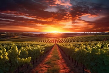 Naklejka premium Tranquil Vineyard Sunset: Breathtaking Beauty and Warm Hues in a Serene Setting, generative AI