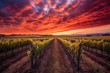 Naklejka premium Breathtaking Vineyard Sunset: Tranquility & Warm Hues Amidst Rows of Grapevines, generative AI