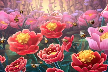 Blossoms Galore: Colorful Flower Garden Background with Buzzing Bees, generative AI