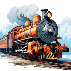 2d perspective illustration of an old locomotive moving towards its destination. Vintage and retro design.