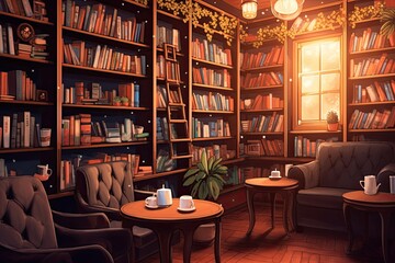 Fototapeta na wymiar Cozy Bookstore Caf�: Aromatic Coffee, Comfortable Seating, Shelves of Books, generative AI