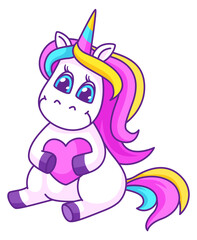 Unicorn hold heart. Cute romantic character. Love mascot