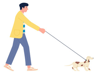 Man walking with dog. Happy pet owner outdoor