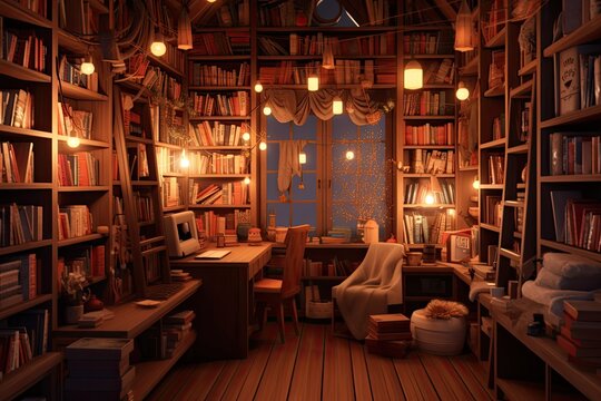 Cozy Bookstore Haven: Filled Shelves, Comfortable Nooks, Warm Lighting, generative AI