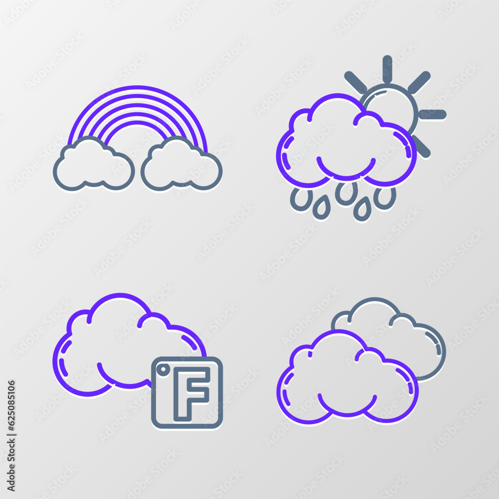 Poster set line cloud, fahrenheit and cloud, with rain sun and rainbow clouds icon. vector