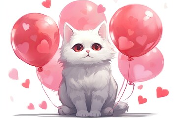Cute White Cat Surrounded by Heart-Shaped Balloons on Transparent Background, generative AI