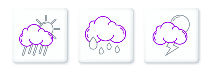 Set line Storm, Cloud with rain and sun and icon. Vector