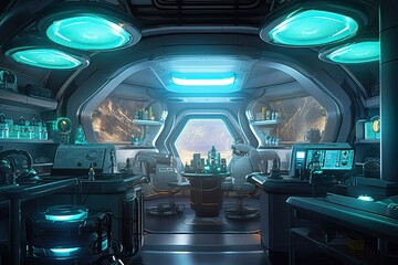 High-Tech Discovery: A Futuristic Sci-Fi Laboratory Background with Glowing Screens and Advanced Equipment, generative AI