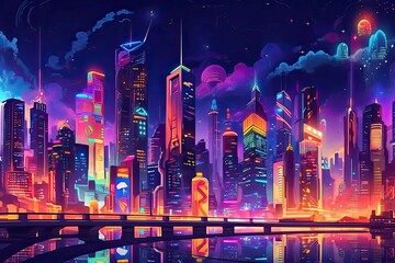 Neon-Lit Night: A Futuristic Cityscape with Flying Cars and Skyscrapers, generative AI