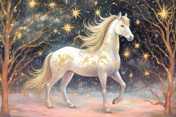 Obraz na płótnie Canvas Sparkling Stars and Shining Unicorn on a Gold Glitter Background, generative AI