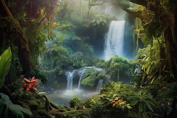 Captivating Waterfall: Cascading Waters, Lush Vegetation, and Misty Rainbows, generative AI