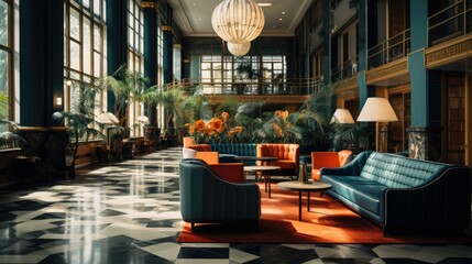 Bauhaus-style hotel lobby design, retro-style hotel lobby design, high-end hotel design