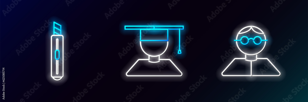 Wall mural set line student, stationery knife and graduate and graduation cap icon. glowing neon. vector