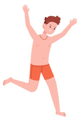 Fototapeta na wymiar Happy kid running in summer beach shorts. Playing boy