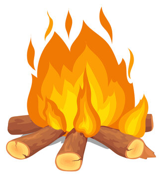 Burning firewood with fire flame. Cartoon bonfire icon