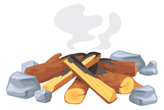 Starting camfire icon. Cartoon firewood logs smoking