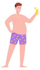 Man in swimming shorts hold cocktail glass. Summer party drink