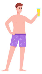 Young man hold lemonade glass. Happy beach person