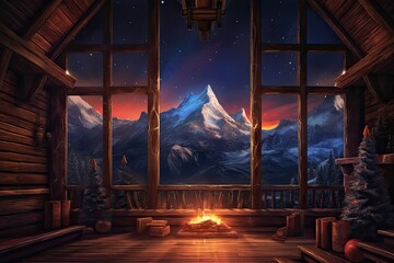 Obraz na płótnie Canvas Cozy Fireplace and Starry Sky: A Peaceful Mountain Cabin Retreat with Snowy Peaks, generative AI