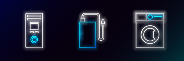 Set line Washer, Remote control and Power bank with different charge cable icon. Glowing neon. Vector