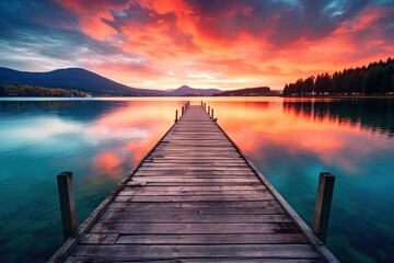 Colorful Sunset Serenity: A Calm Water Surface and Wooden Dock on a Lakeside Pier, generative AI
