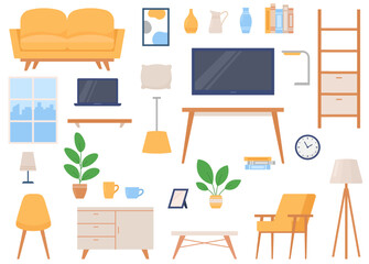 Set of furniture and interior items. Living room. Flowers, sofa, armchairs, tables, chest of drawer, tv. Vector graphic on a white background.