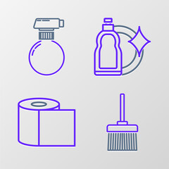 Set line Handle broom, Toilet paper roll, Plastic bottles for liquid dishwashing liquid and icon. Vector