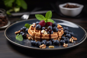 Fresh waffles with berries, fruits and cream. Tasty breakfast. Generative AI.