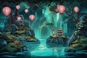 Surreal Floating Island Background: Lush Vegetation, Waterfalls, and Floating Lanterns, generative AI