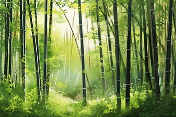 Tranquil Bamboo Forest: Tall Shoots, Soft Sunlight, and Serene Atmosphere, generative AI