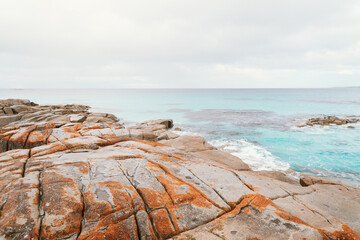 Wide shot of Rocks at Bay of Fires near Suicide Beach via the Gardens Road, in Tasmania, North East Tasmania, Australia
