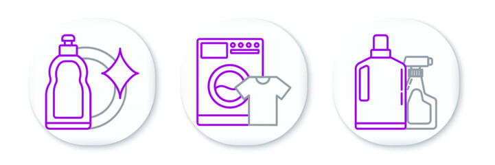 Set line Plastic bottles for liquid dishwashing liquid, and Washer and t-shirt icon. Vector