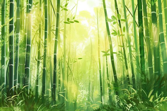 Tranquil Bamboo Forest Background: Tall Bamboo Shoots, Soft Sunlight, Serene Atmosphere, generative AI