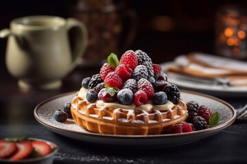 Fresh waffles with berries, fruits and cream. Tasty breakfast. Generative AI.