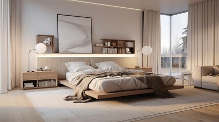 Modern minimalist style bedroom design, Scandinavian style bedroom design, modern minimalist mansion, meranti color bedroom design, modern minimalist style living room