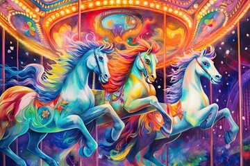 Colorful Carousel Horses and Festive Lights: The Vibrant Delight of a Joyful Carnival Background, generative AI