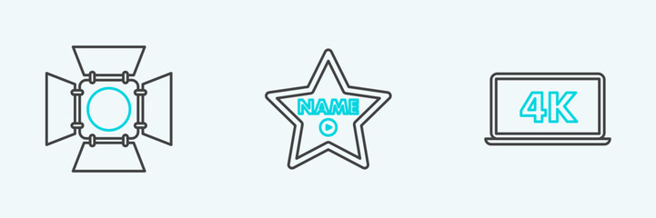 Set line Laptop screen with 4k video technology, Movie spotlight and Hollywood walk of fame star on celebrity boulevard icon. Vector