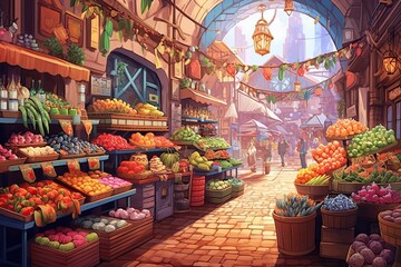 Obraz premium Vibrant City Market: Bustling Stalls, Colorful Produce, and Aroma of Spices, generative AI