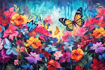 Colorful Butterflies & Blooming Flowers: Vibrant Rainbow Background, generative AI