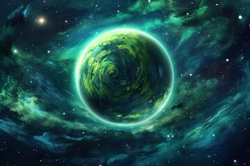 Swirling Galaxies and Green Planet: A Vibrant Space Background, generative AI