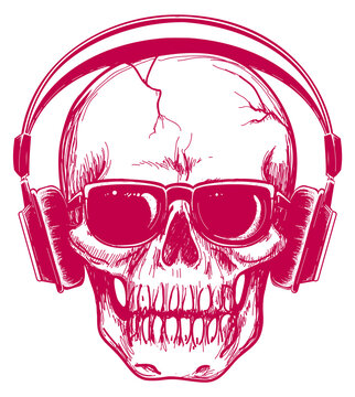 Skul in headphones sketch. Hand drawn dead musician