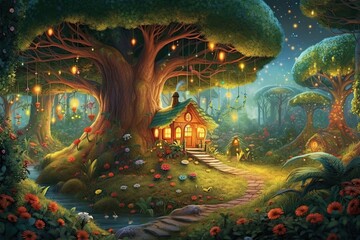 Fototapeta premium Enchanting Fairytale Forest: Talking Animals, Twinkling Fireflies, and a Hidden Cottage, generative AI