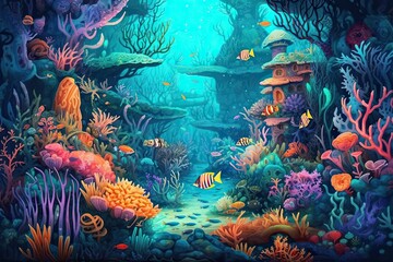 Obraz na płótnie Canvas Vibrant Coral Reefs, Exotic Fish, and Hidden Treasures: Dive into a Whimsical Underwater World!, generative AI