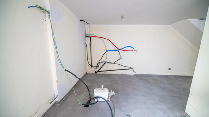 Setup of plumbing and drainage systems in the basement room