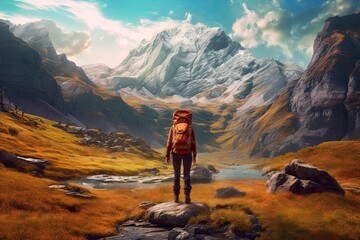 Obraz premium Untamed Beauty: An Adventurous Hiker Explores the Remote Wilderness, generative AI