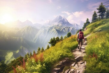 Majestic Mountain Trail: Unveiling Nature's Beauty with an Adventurous Hiker, generative AI