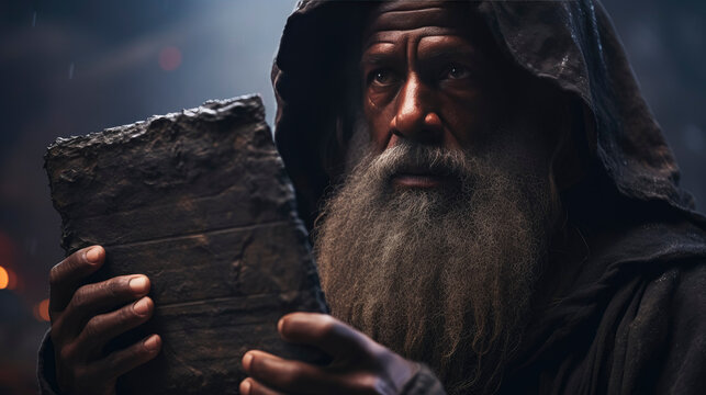 Portrait of biblical Moses holding a tablet of the 10 commandments. Christian illustration.