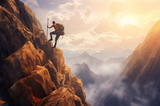 Scaling New Heights: Adventurous Hiker Conquers Rocky Mountain Peaks in a Thrilling Adventure, generative AI
