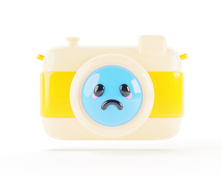 Cute photo camera character with expression sad emotion. Cartoon 3d render icon of isolated photographic equipment with disappointed smiley face on lens. Breakdown and service concept. 3D illustration